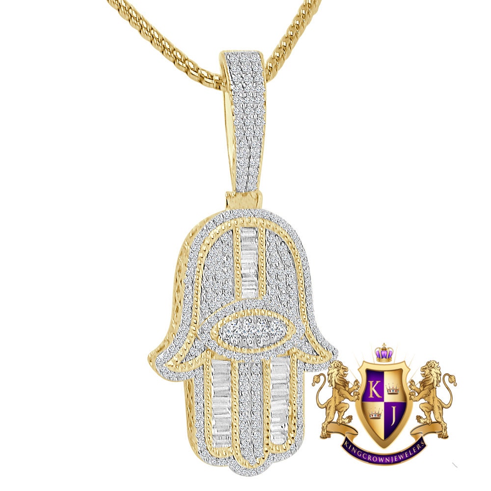 Baguette Real Genuine Sterling Silver 14K Gold Over Simulated Diamond Hamsa Hand Evil Eye Pendent 2'' Charm + Free Chain