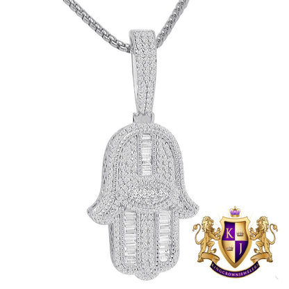Baguette Real Genuine Sterling Silver 14K Gold Over Simulated Diamond Hamsa Hand Evil Eye Pendent 2'' Charm + Free Chain