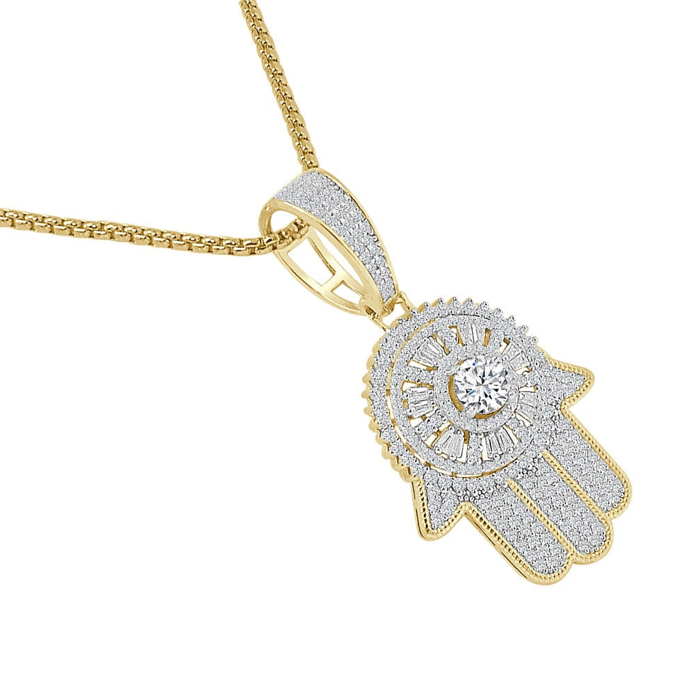 Solitaire Spinner Baguette Real Genuine Sterling Silver 14K Gold Over Simulated Diamond Hamsa Hand Pendent 2'' Charm + Free Chain