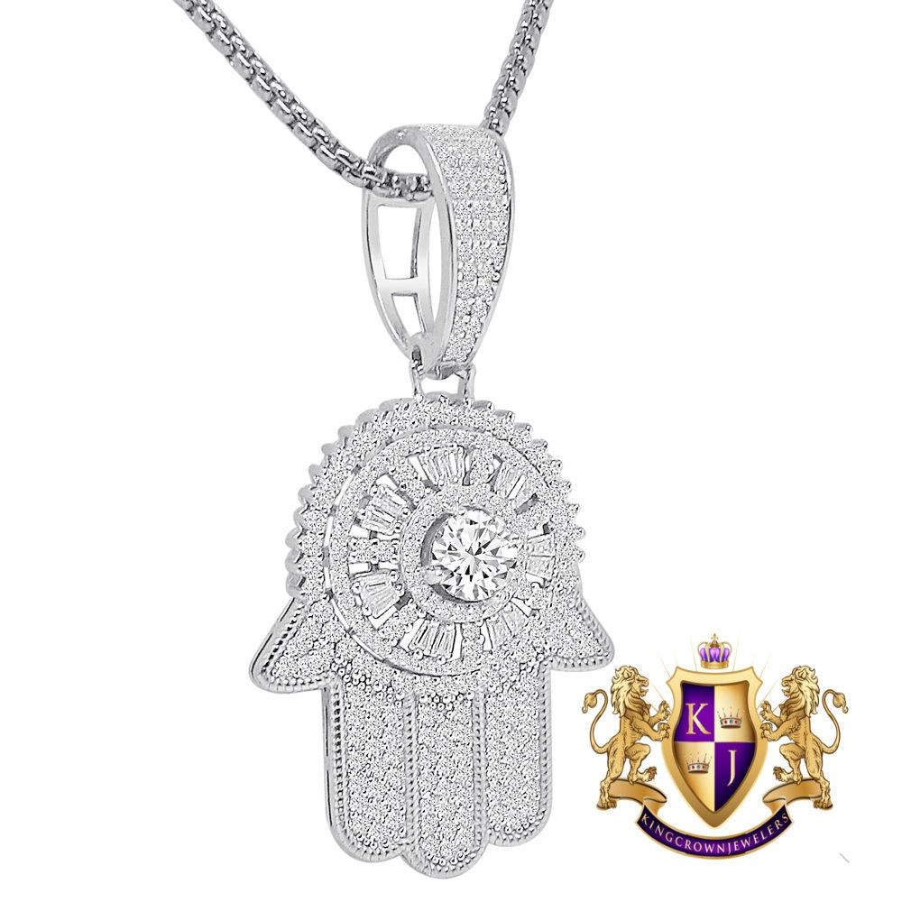 Solitaire Spinner Baguette Real Genuine Sterling Silver 14K Gold Over Simulated Diamond Hamsa Hand Pendent 2'' Charm + Free Chain