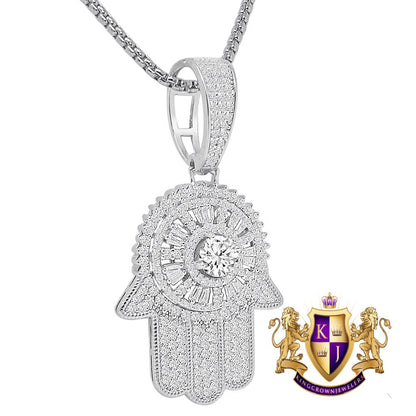 Solitaire Spinner Baguette Real Genuine Sterling Silver 14K Gold Over Simulated Diamond Hamsa Hand Pendent 2'' Charm + Free Chain