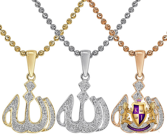 Real Genuine Diamond Almighty Allah God Muslim Arabic Islamic Pendant 10K Solid Gold Over Unisex Religious Charm Chain Set Mini Small 1"
