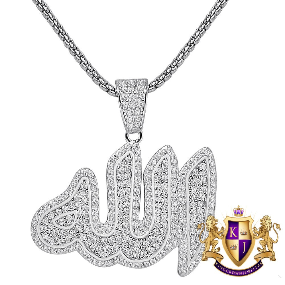 Real Italian Sterling Silver 2.00 Ct. Simulated Diamond Muslim God Allah Islamic Arabic Religious Unisex Charm Pendent + Free Chain Neckless