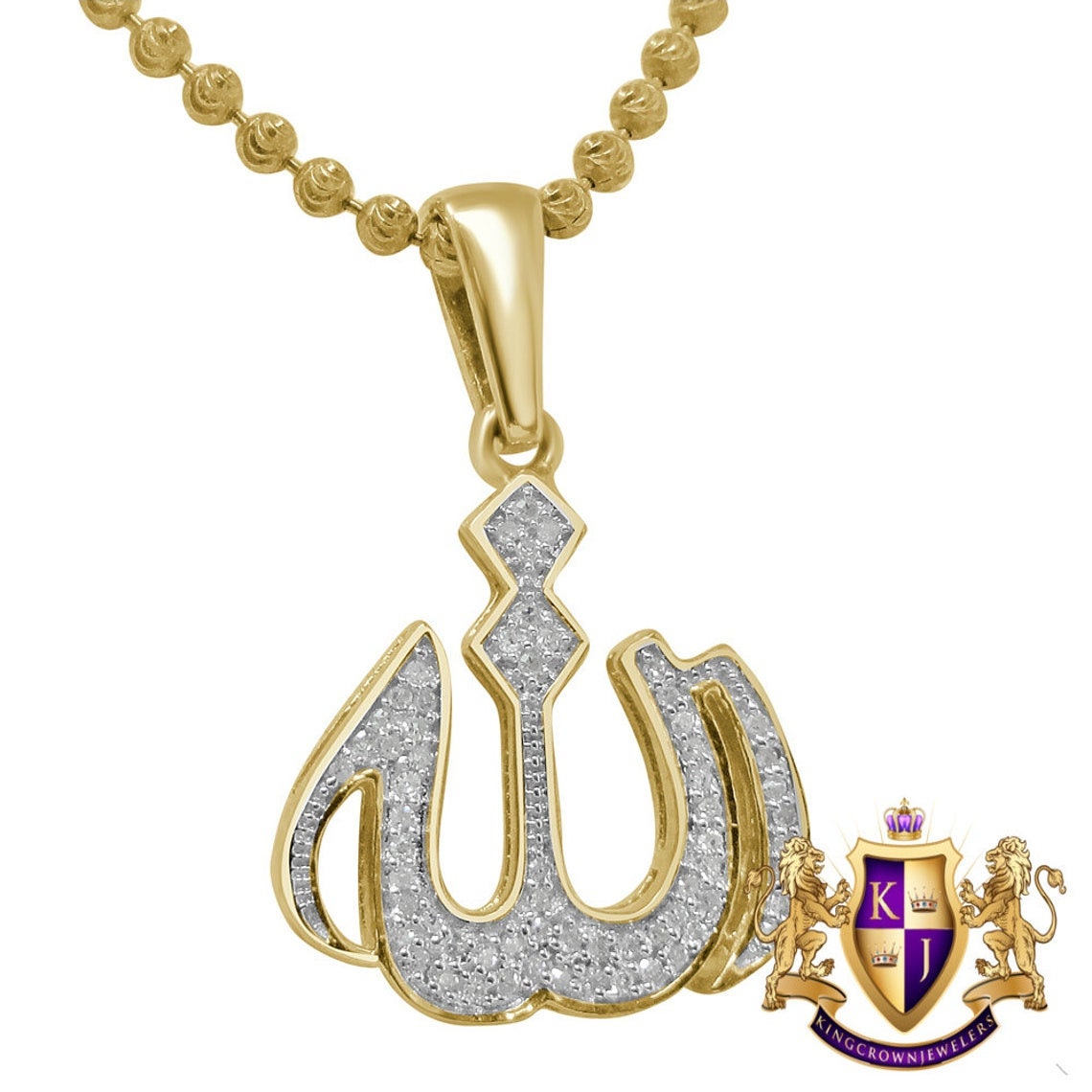 Real Genuine Diamond Almighty Allah God Muslim Arabic Islamic Pendant 10K Solid Gold Over Unisex Religious Charm Chain Set Mini Small 1"