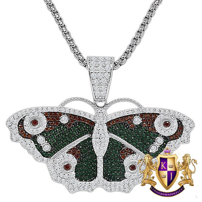 Real Genuine Sterling Silver Multi Tone Simulated Diamond Butterfly Pendent 14K Gold Over Charm + Free Chain