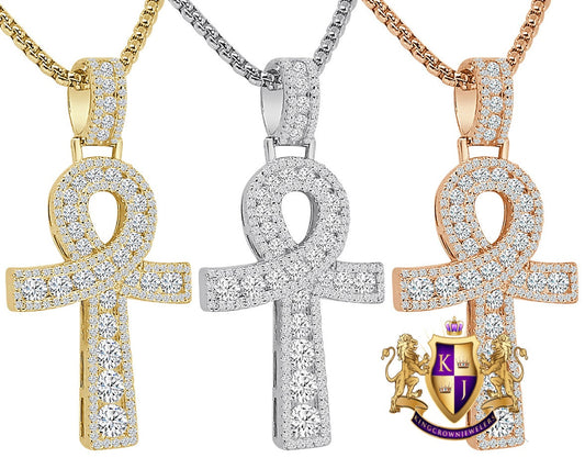 Solitaire Pure Sterling Silver Round Cut Simulated Diamond 14K Gold Over Egyptian Ankh Cross Charm Pendent 1.90''+ Free Chain