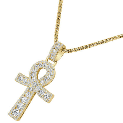 Solitaire Pure Sterling Silver Round Cut Simulated Diamond 14K Gold Over Egyptian Ankh Cross Charm Pendent 1.90''+ Free Chain