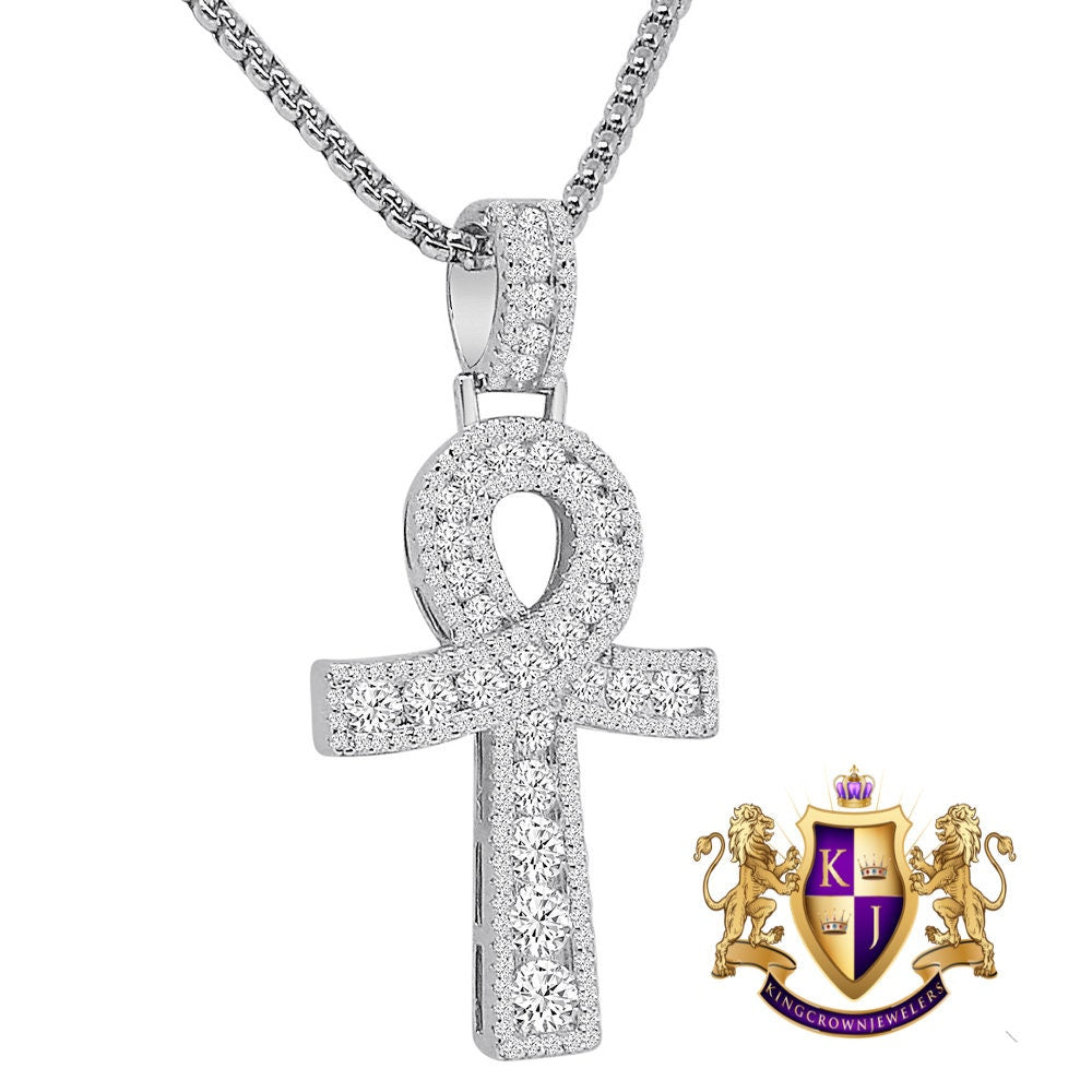 Solitaire Pure Sterling Silver Round Cut Simulated Diamond 14K Gold Over Egyptian Ankh Cross Charm Pendent 1.90''+ Free Chain