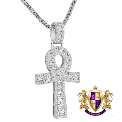 Solitaire Pure Sterling Silver Round Cut Simulated Diamond 14K Gold Over Egyptian Ankh Cross Charm Pendent 1.90''+ Free Chain