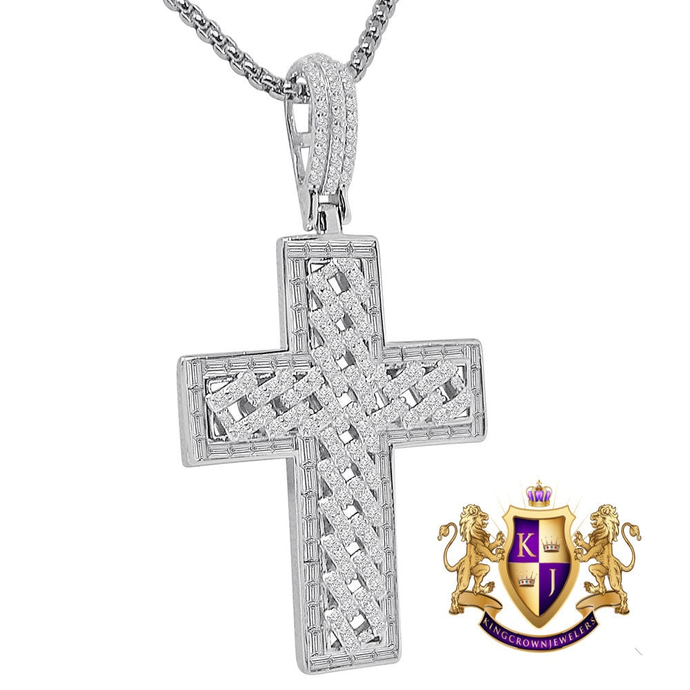 Real Italian Sterling Silver Simulated Diamond 14K Gold Over Holy Cross Jesus Piece Designer Charm Pendent 2.25'' + Free Chain