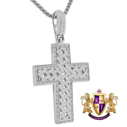 Real Italian Sterling Silver Simulated Diamond 14K Gold Over Holy Cross Jesus Piece Designer Charm Pendent 2.25'' + Free Chain