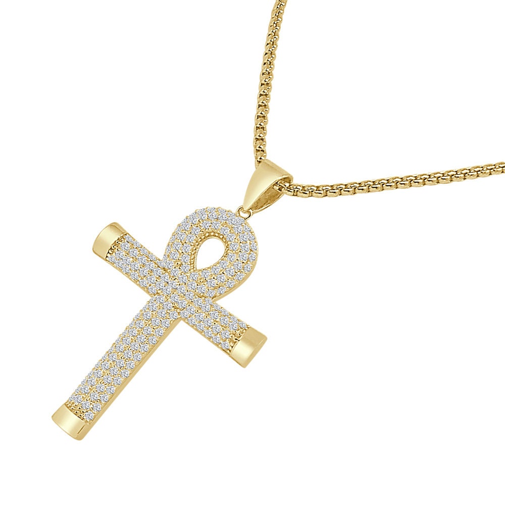 925 Sterling Silver Pave Simulated Diamond 14K Gold Over Egyptian Ankh Cross Charm Pendent Small 1.70''+ Free Chain