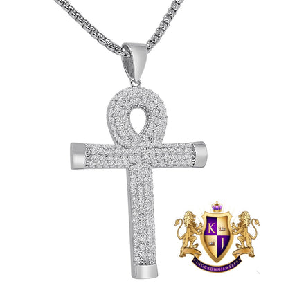 925 Sterling Silver Pave Simulated Diamond 14K Gold Over Egyptian Ankh Cross Charm Pendent Small 1.70''+ Free Chain