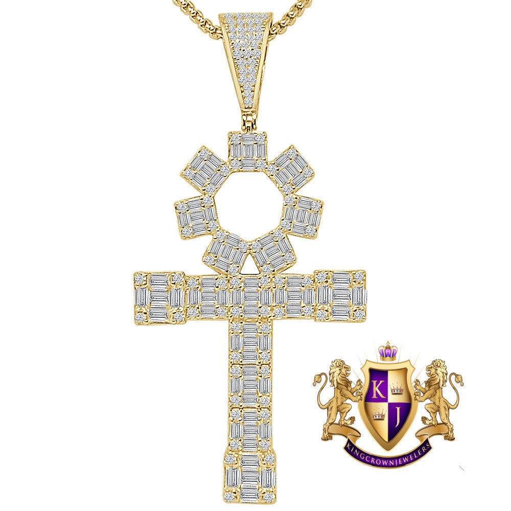 30+ Grams Big XL 3'' Real Sterling Silver 14K Gold Over Baguette/Round Cut Simulated Diamond Egyptian Ankh Cross Charm Pendent + Free Chain