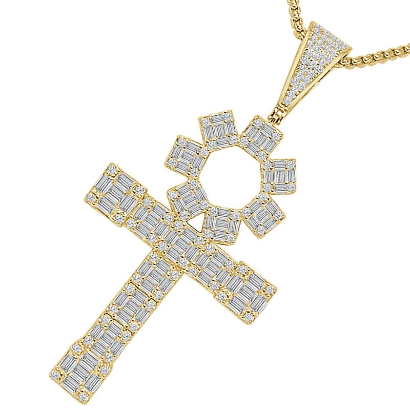 30+ Grams Big XL 3'' Real Sterling Silver 14K Gold Over Baguette/Round Cut Simulated Diamond Egyptian Ankh Cross Charm Pendent + Free Chain