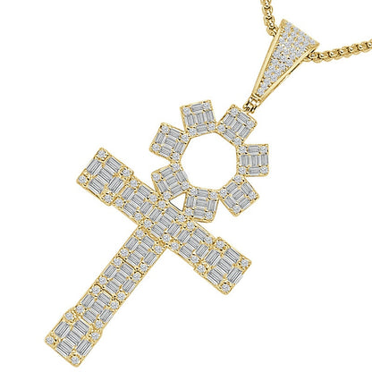 30+ Grams Big XL 3'' Real Sterling Silver 14K Gold Over Baguette/Round Cut Simulated Diamond Egyptian Ankh Cross Charm Pendent + Free Chain