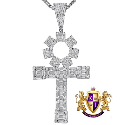 30+ Grams Big XL 3'' Real Sterling Silver 14K Gold Over Baguette/Round Cut Simulated Diamond Egyptian Ankh Cross Charm Pendent + Free Chain