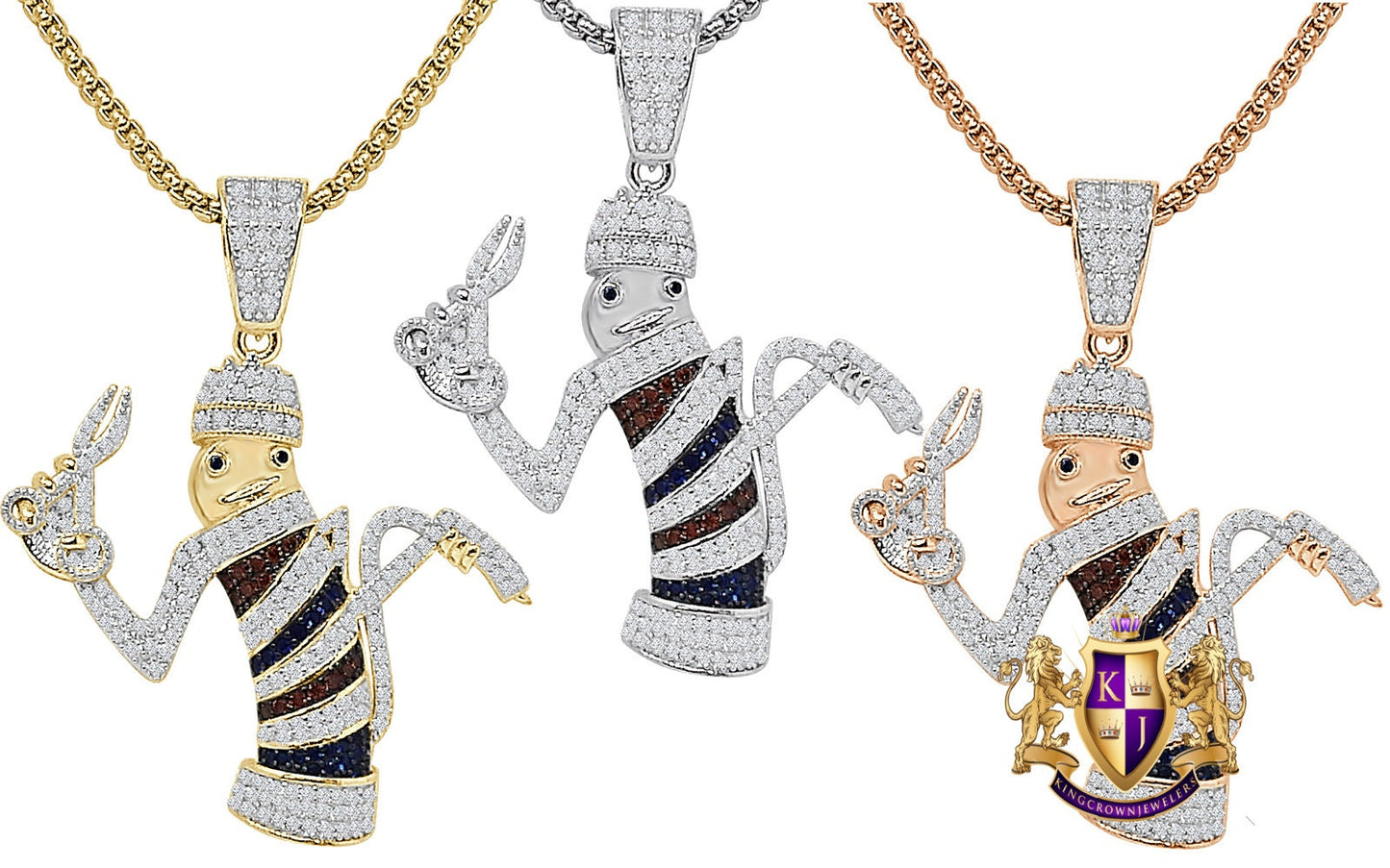 Real Genuine Sterling Silver Multi Tone Simulated Diamond 14k Gold Over Barber Shop Pole Pendant Charm + Free Chain