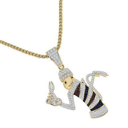 Real Genuine Sterling Silver Multi Tone Simulated Diamond 14k Gold Over Barber Shop Pole Pendant Charm + Free Chain