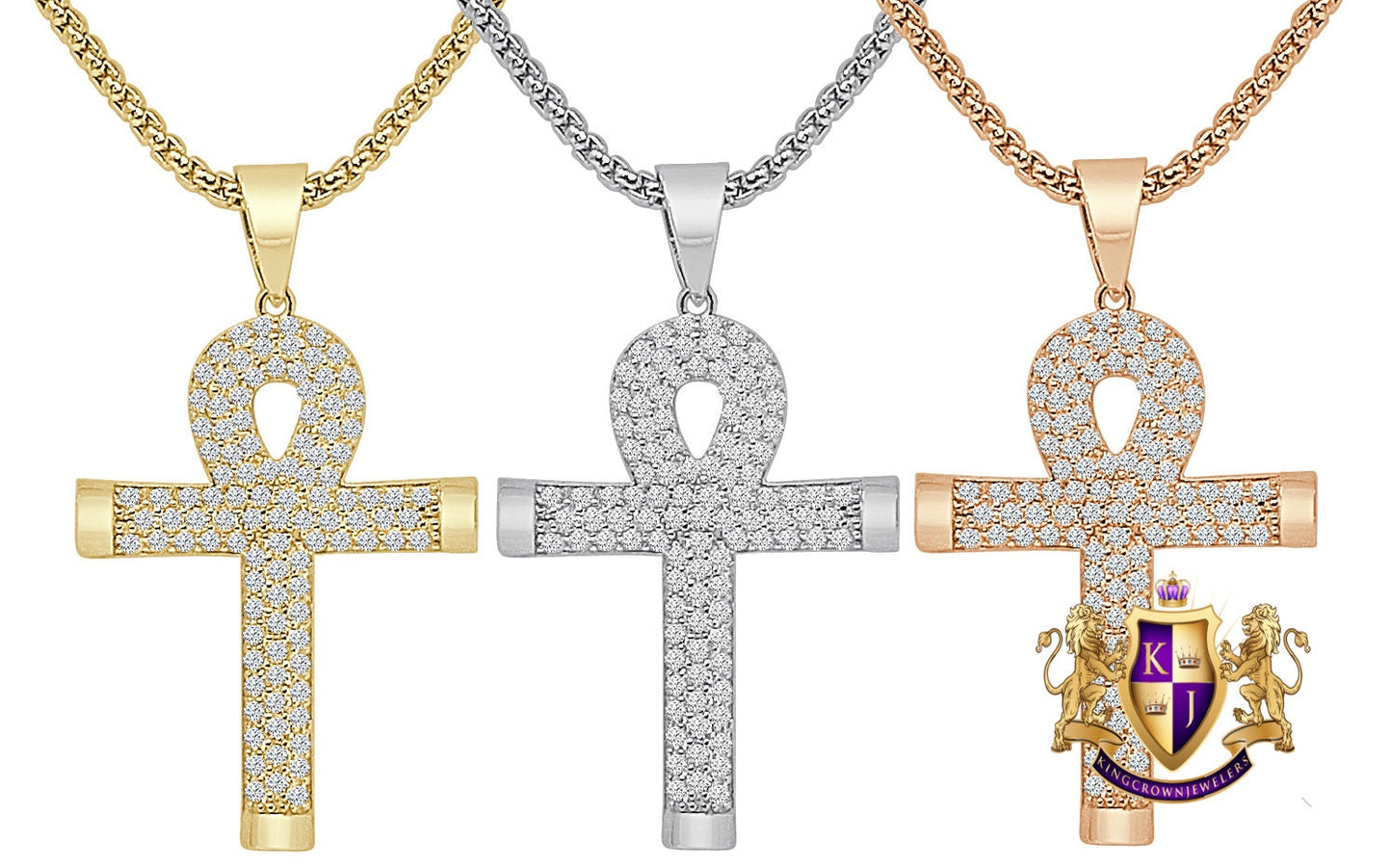 2'' Sterling Silver Round Cut Simulated Diamond 14K Gold Over Egyptian Ankh Cross Charm Pendent + Free Chain
