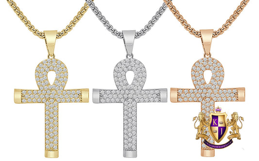2'' Sterling Silver Round Cut Simulated Diamond 14K Gold Over Egyptian Ankh Cross Charm Pendent + Free Chain