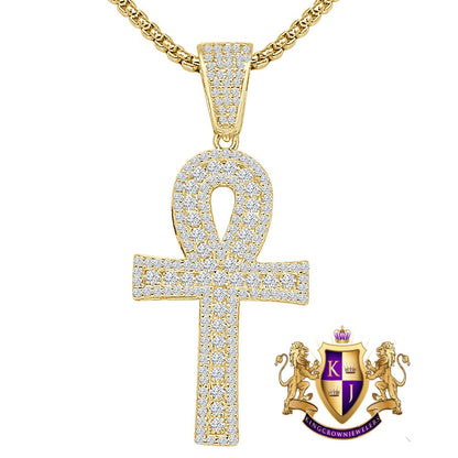 Sterling Silver Round Cut Simulated Diamond 14K Gold Over Egyptian Ankh Cross Small 1.55'' Charm Pendent + Free Chain