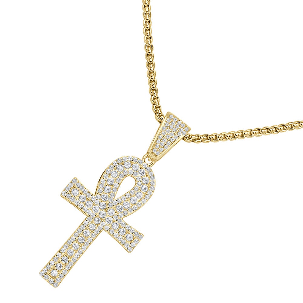 Sterling Silver Round Cut Simulated Diamond 14K Gold Over Egyptian Ankh Cross Small 1.55'' Charm Pendent + Free Chain