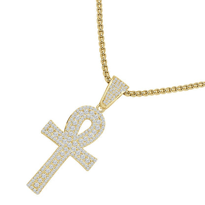 Sterling Silver Round Cut Simulated Diamond 14K Gold Over Egyptian Ankh Cross Small 1.55'' Charm Pendent + Free Chain