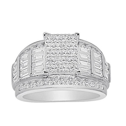 14K White Gold On Real Silver Ladies Women's Baguette Princess Cut Simulated Diamond 4.00 Cwt. Bridal Wedding Engagement Ring Band