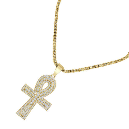 14K Gold Over Sterling Silver Round Cut Simulated Diamond Egyptian Ankh Cross Small 1.80'' Charm Pendent + Free Chain