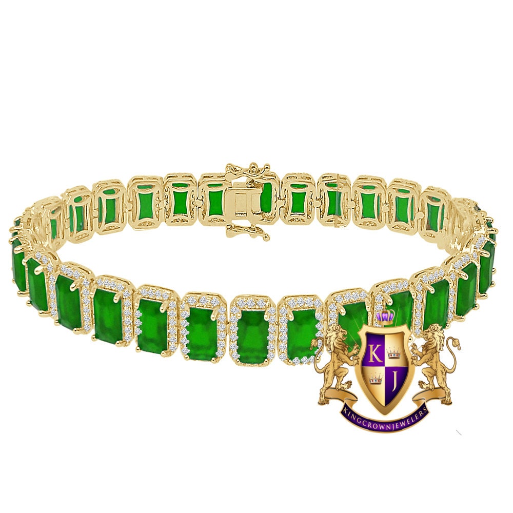 25+ Grams 14K Yellow Gold Finish Emerald Green 6.00 Cwt. Simulated Diamonds Solitaire Men's Ladies Tennis Link Bracelet 10mm / 8.5 Inch