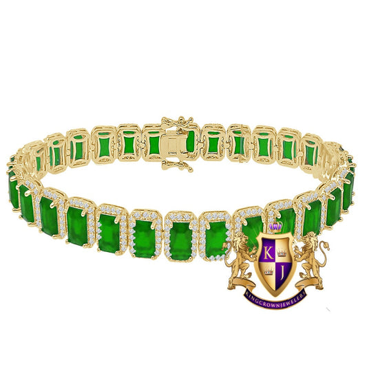 25+ Grams 14K Yellow Gold Finish Emerald Green 6.00 Cwt. Simulated Diamonds Solitaire Men's Ladies Tennis Link Bracelet 10mm / 8.5 Inch
