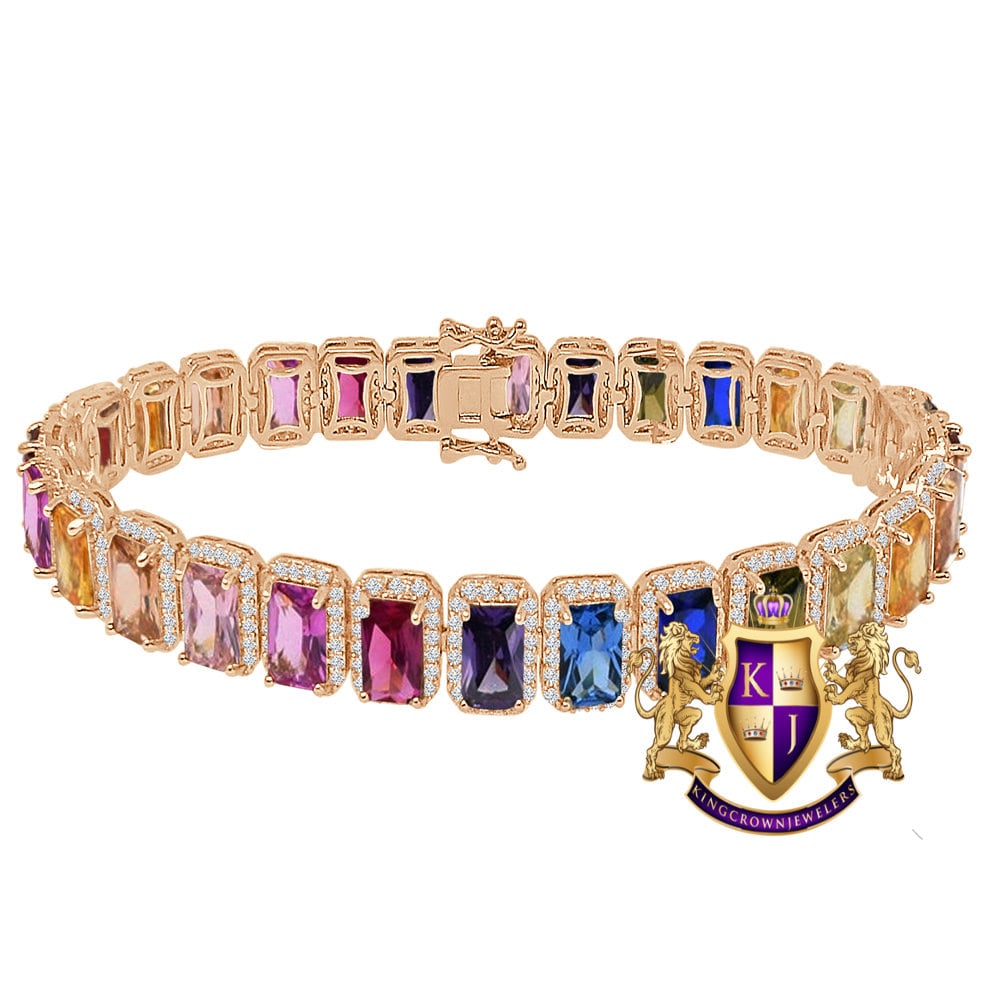 14K Rose Gold Finish Rainbow Multi Tone Simulated Diamonds Solitaire Mens Ladies Bracelet 10mm / 8.5 Inch