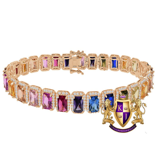 14K Rose Gold Finish Rainbow Multi Tone Simulated Diamonds Solitaire Mens Ladies Bracelet 10mm / 8.5 Inch