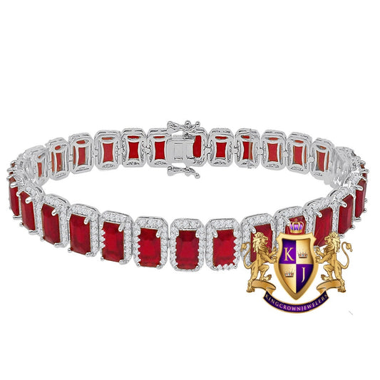 14K White Gold Over Ruby Red 6.00 Cwt. Simulated Diamonds Solitaire Men's Ladies Tennis Link Bracelet 10mm / 8.5 Inch