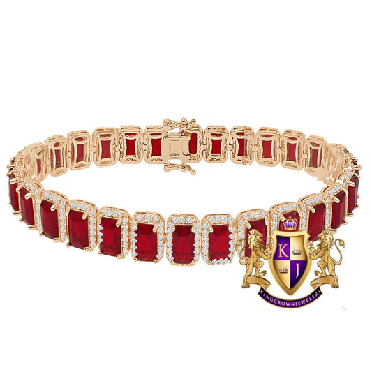 14K Rose Gold Over Ruby Red 6.00 Cwt. Simulated Diamonds Solitaire Men's Ladies Tennis Link Bracelet 10mm / 8.5 Inch