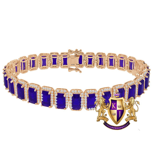 14K Rose Gold Finish Sapphire Blue 6.00 Cwt. Simulated Diamonds Solitaire Men's Ladies Tennis Link Bracelet 10mm / 8.5 Inch