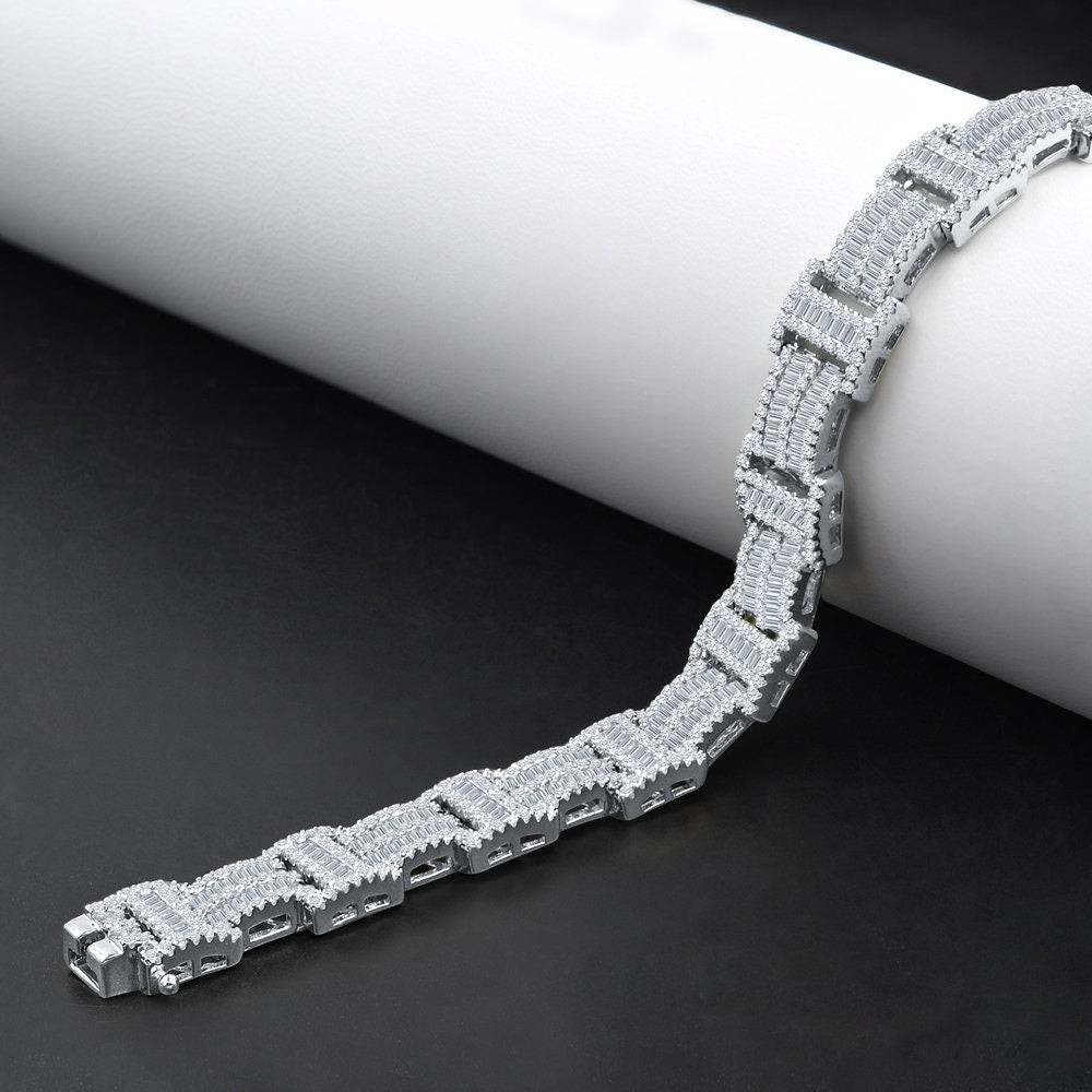 24 + Grams Unisex Baguette 14K White Gold Over Genuine Simulated Diamond Tennis Link Bracelet 8.75''