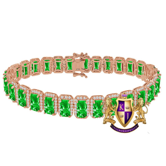 14K Rose Gold Finish Emerald Green Simulated Diamonds Solitaire Mens Ladies Bracelet 10mm / 8.5 Inch
