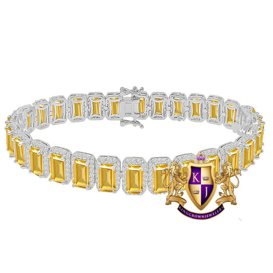 14K White Gold Finish Canary Citrine Simulated Diamonds Solitaire Mens Ladies Bracelet 10mm / 8.5 Inch
