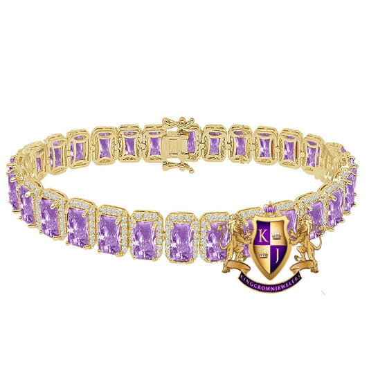 25+ Grams 14K Yellow Gold Over Purple Amethyst 6.00 Cwt. Simulated Diamonds Solitaire Men's Ladies Unisex Tennis Link Bracelet 10mm/8.5 Inch