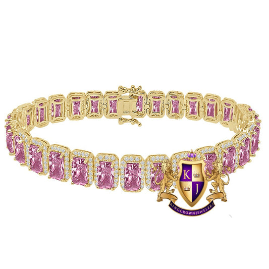 25+ Grams 14K Yellow Gold Finish Pink Tourmaline 6.00 Ct. Simulated Diamond Solitaire Men's Ladies Unisex Tennis Link Bracelet 10mm/8.5 Inch