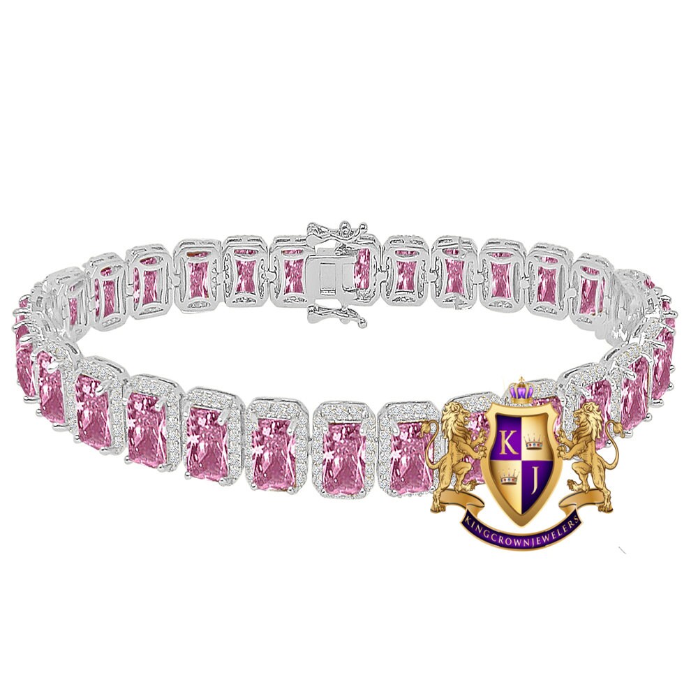 14K White Gold Finish Pink Tourmaline Simulated Diamonds Solitaire Mens Ladies Bracelet 10mm / 8.5 Inch