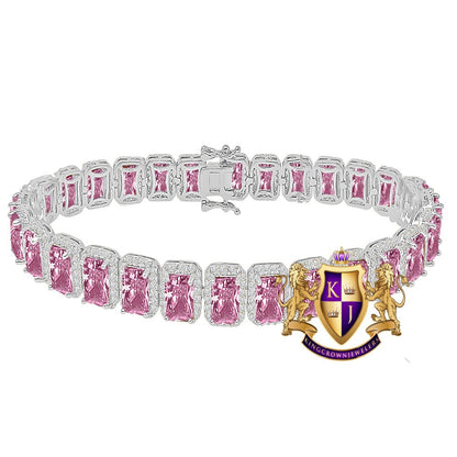14K White Gold Finish Pink Tourmaline Simulated Diamonds Solitaire Mens Ladies Bracelet 10mm / 8.5 Inch