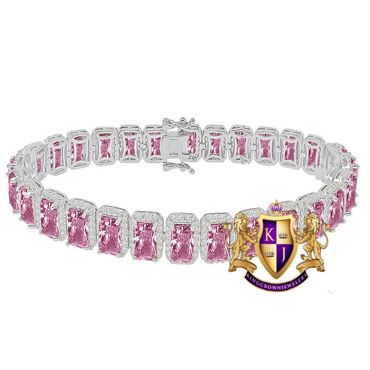 14K White Gold Finish Pink Tourmaline Simulated Diamonds Solitaire Mens Ladies Bracelet 10mm / 8.5 Inch