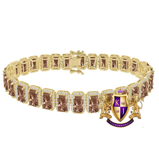 25+ Grams Smokey Brown Topaz 14K Yellow Gold Finish 6.00 Cwt. Simulated Diamonds Solitaire Men's Ladies Tennis Link Bracelet 10mm / 8.5 Inch