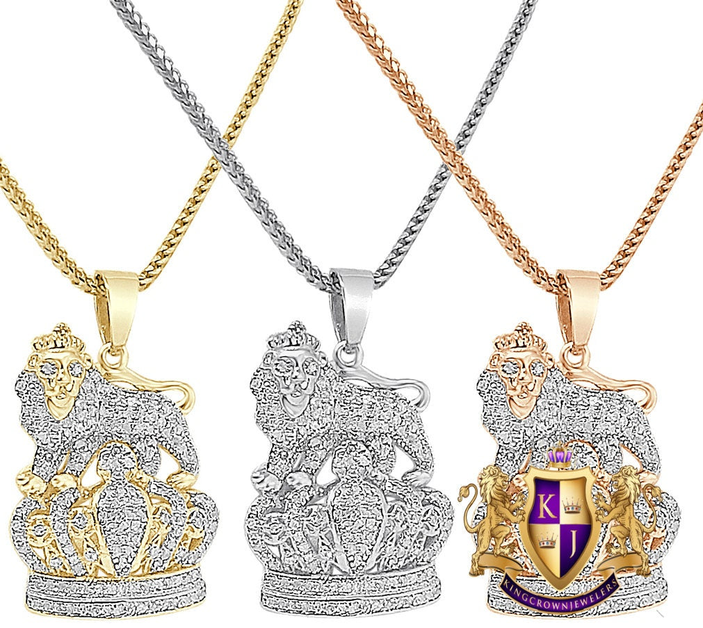 Real Genuine Authentic Diamond 0.52 Cwt. Lion King Crown Unisex Pendant 10K Solid Gold Finish Charm Chain Neckless Set Mini Small 1.10''