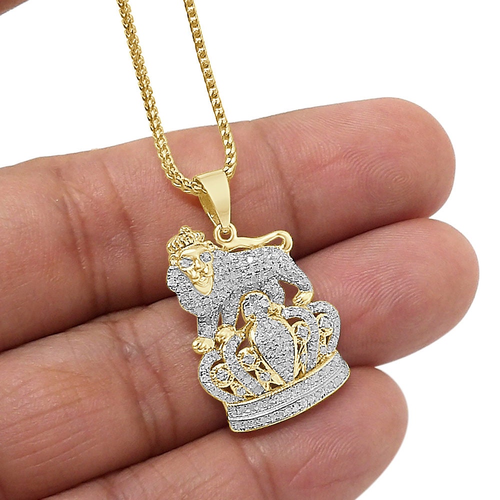 Real Genuine Authentic Diamond 0.52 Cwt. Lion King Crown Unisex Pendant 10K Solid Gold Finish Charm Chain Neckless Set Mini Small 1.10''