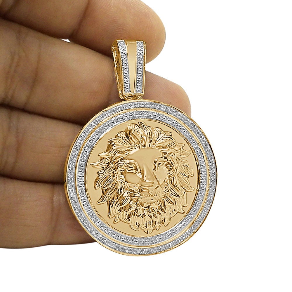 26 + Grams Men's Real Genuine Diamond 0.40 Cwt. Lion Head Pendent 10K Gold Finish Round Charm Medallion 2.25''