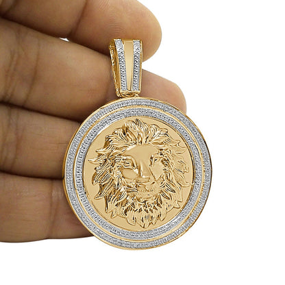 26 + Grams Men's Real Genuine Diamond 0.40 Cwt. Lion Head Pendent 10K Gold Finish Round Charm Medallion 2.25''